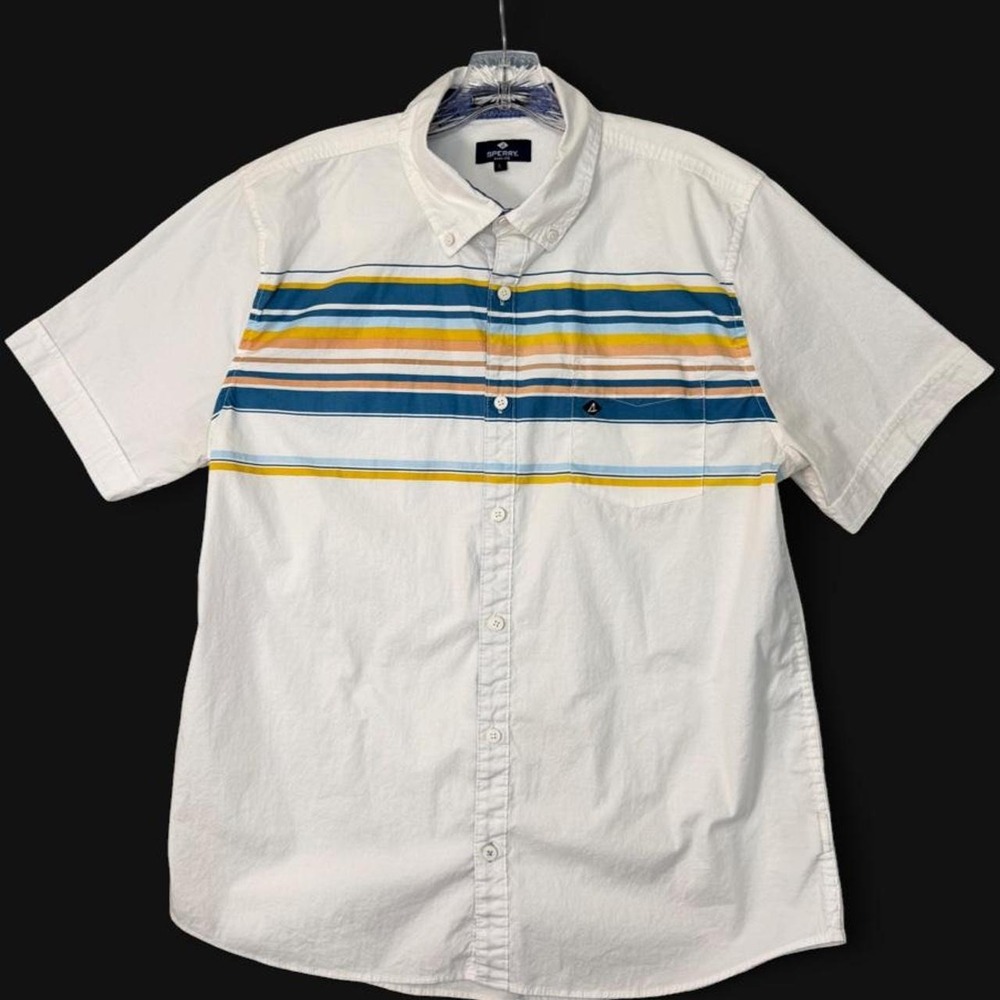 Sperry Mens L Short Sleeve Button Down Shirt White Chest Stripe Coastal Nautical
